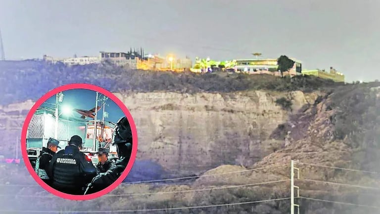 Composite image showing a large rocky cliff with buildings on top and an inset circle of armed personnel in tactical gear