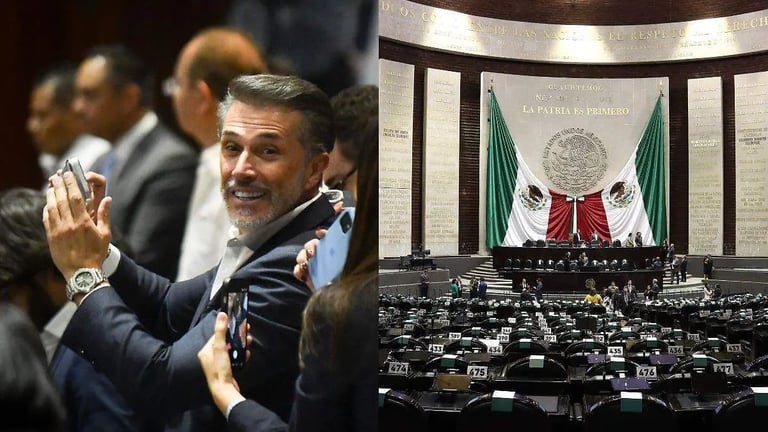 Split image showing a man in a suit waving on the left and the Mexican Congress chamber with national seal on the right