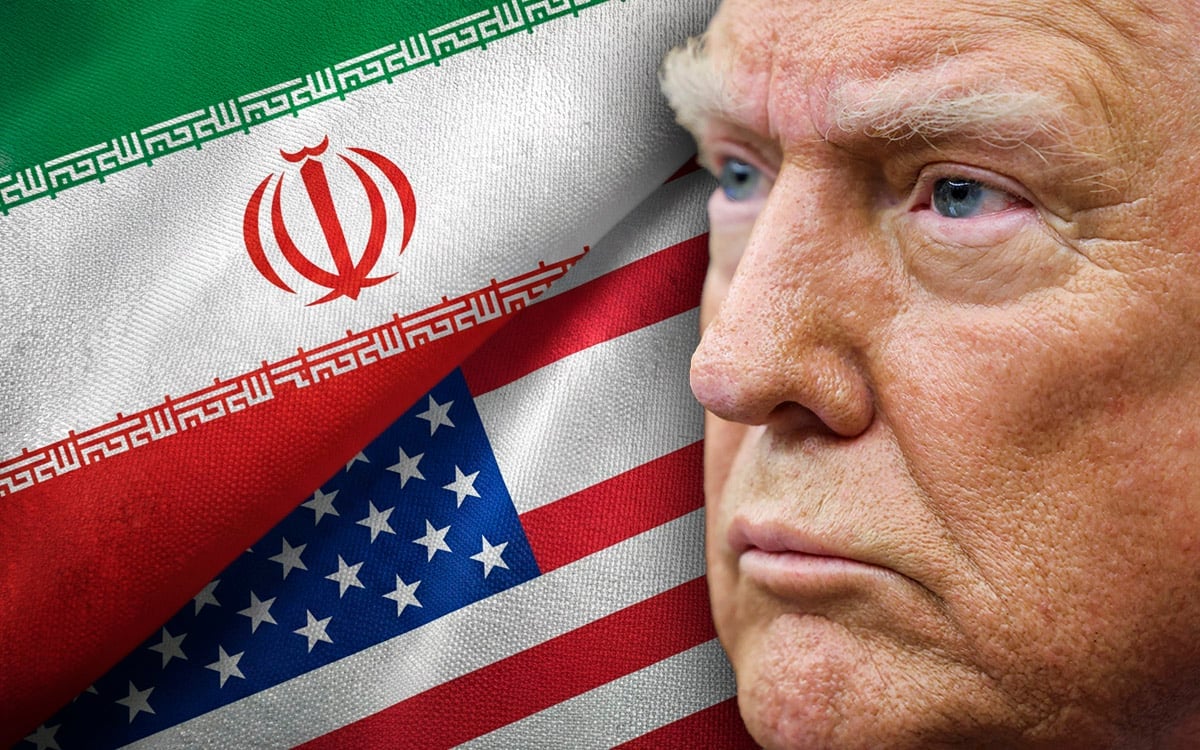 Composite image showing a mans face in profile with the Iranian and American flags overlaid, symbolizing US-Iran relations