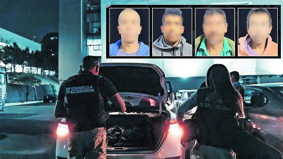 Law enforcement officers examining a vehicle at night with four suspect mugshots displayed on a digital screen above