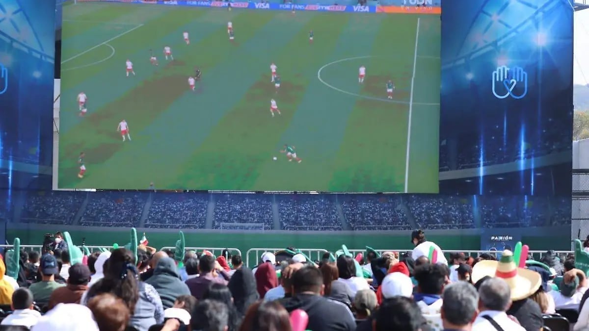 Crowd of spectators watching a soccer match on a large outdoor stadium screen