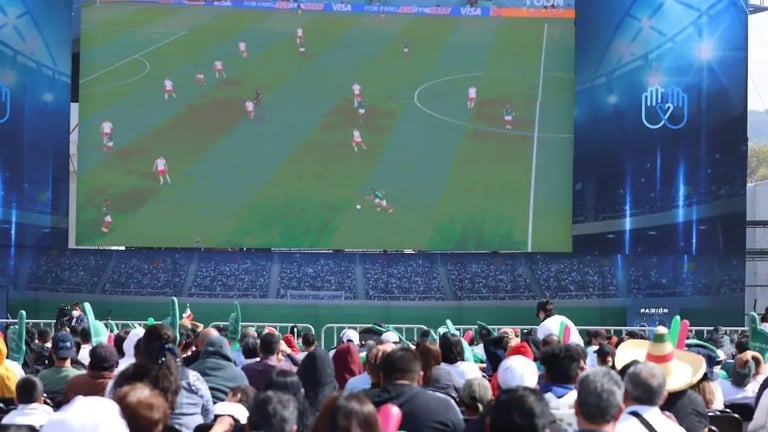 Crowd of spectators watching a soccer match on a large outdoor stadium screen